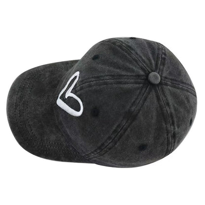 Grey Distressed Hat 🖤 White Heart Embroidery | Unisex Washed Cap