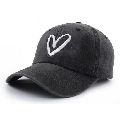 Grey Distressed Hat 🖤 White Heart Embroidery | Unisex Washed Cap